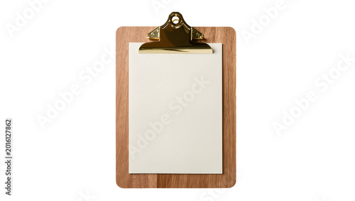 Fotografía Wooden clipboard with blank paper and gold clip, isolated on transparent backgro