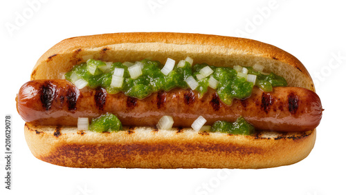 Фотография Grilled sausage hot dog with green relish and diced onions, isolated on transpar