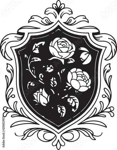 Heraldic shield frame with black rose pattern and ornate floral scrollwork for vintage luxury logo.