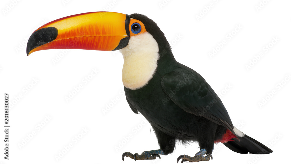 Fototapeta premium Toco toucan with vibrant orange and yellow beak, isolated on transparent background