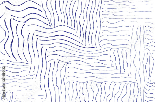 An abstract drawing done with blue pen on paper. The drawing consists of many short, repeating lines arranged in groups with varying orientations.