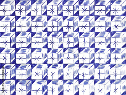 The image shows a geometric pattern in blue and white tones, reminiscent of traditional tiles or embroidery.