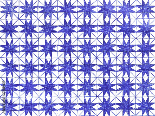 The image shows a geometric pattern in blue and white tones, reminiscent of traditional tiles or embroidery.