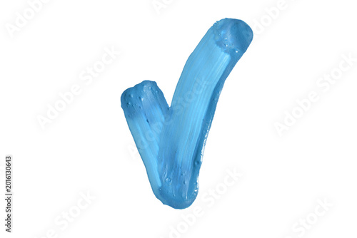 A stroke of blue acrylic paint in the shape of a check mark on a PNG background.