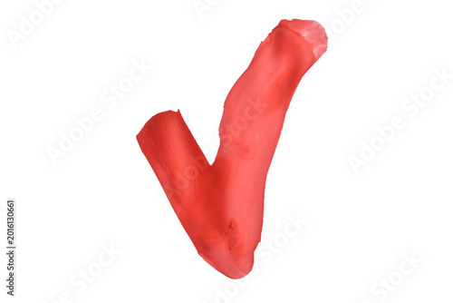 A stroke of red acrylic paint in the shape of a check mark on a PNG background.