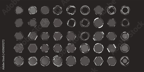 Bilde på lerret Advanced futuristic HUD elements pack featuring circular and hexagonal sci-fi interface frames, cyberpunk UI targets, digital radar rings, neon tracking modules and abstract technology overlays