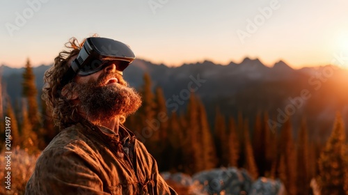 A man experiencing the beauty of nature through virtual reality, capturing the blend of technology and the breathtaking landscape around him at sunset.