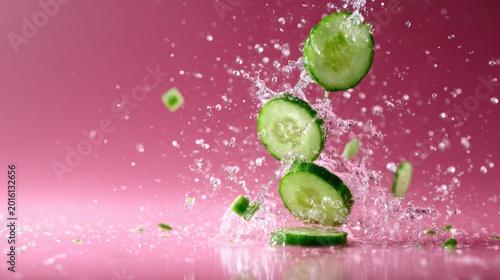 Dynamic cucumber slices bursting through pink water, creating a refreshing splash that showcases the vivacity and zest of fresh produce in a vibrant presentation.