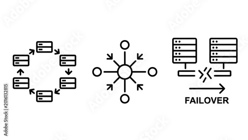Server failover and infrastructure network maintenance icons with failover infrastructure maintenance technology connection reliability redundancy stability computing management operations
