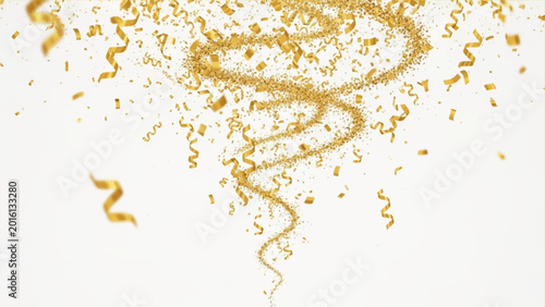 Photos Falling golden confetti and swirling metallic ribbons isolated on a white backgr