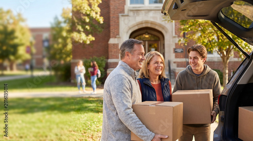Family joyfully moving boxes into college dorms on a sunny day, with a brick building in the background and a car trunk open nearby