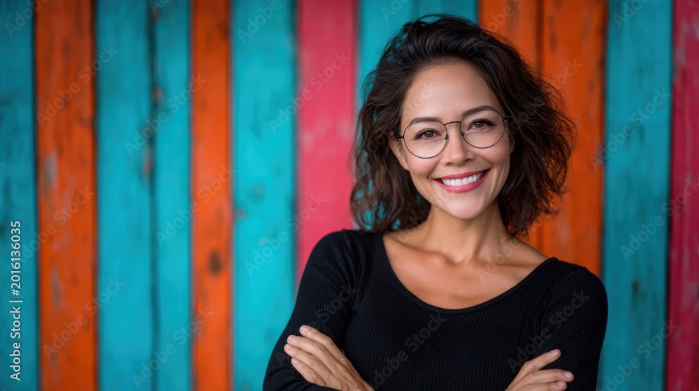 Fototapeta premium A cheerful woman with glasses stands confidently in front of a bright, colorful wooden wall, radiating positivity, joy, and the beauty of human connection in an artistic environment.