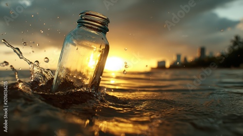 A glass bottle emerges from the ocean's waves at sunset, capturing the beauty of nature, the power of water, and the inevitability of litter in our environments.