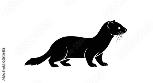 Minimalist black silhouette of a cute ferret standing on white background.