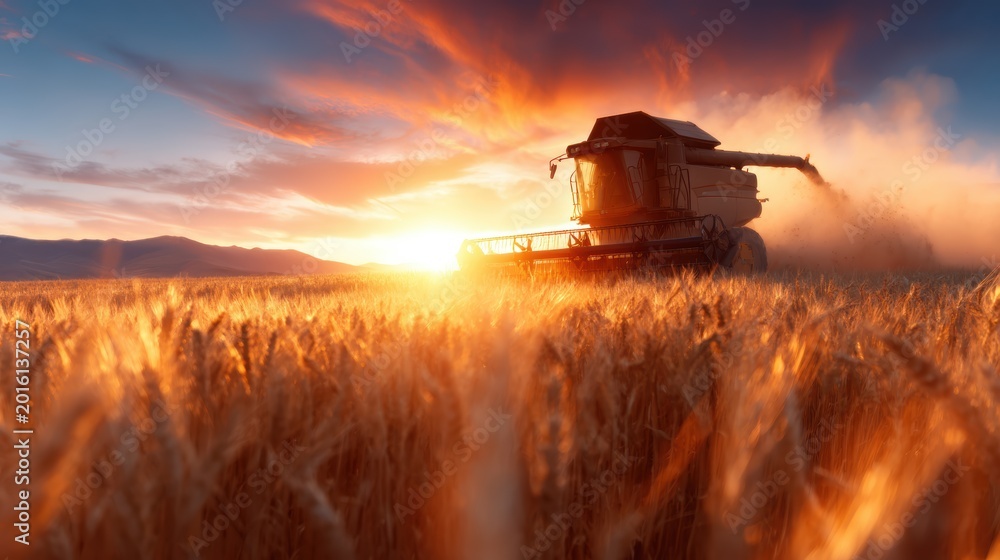 Fototapeta premium A powerful combine harvester is seen working diligently in a golden wheat field during sunset, representing the beauty of agriculture and hard work in rural landscapes.