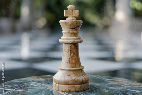 Marble king chess piece standing on a marble table with chessboard in the background, representing strategy, leadership, and power