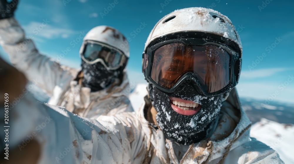 Obraz premium Two snowboarders smiling and enjoying their time in the snow, showing camaraderie and adventure against a stunning winter backdrop, ideal for sports and outdoors enthusiasm.
