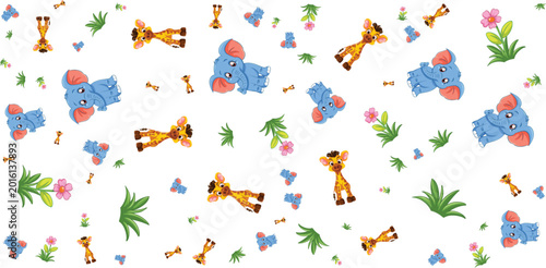 Canvas Print Animal pattern with giraffes elephants and butterflies on white background