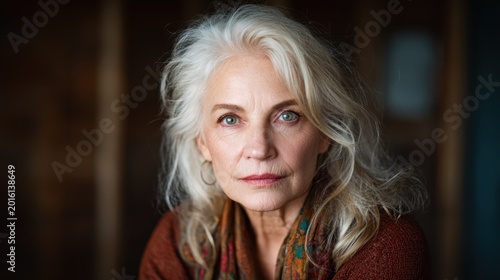A dramatic close-up portrait of an older woman with striking gray hair and captivating green eyes, reflecting wisdom and emotion in a beautifully rustic setting.