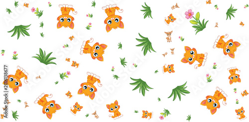 Cuadro en lienzo Seamless pattern with orange tabby kittens flowers and leaves