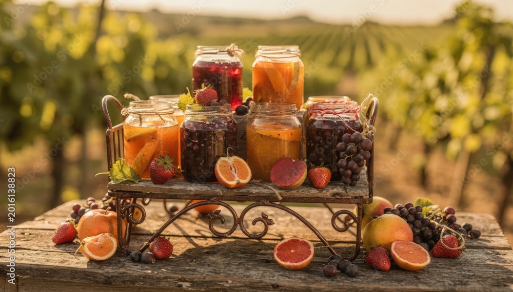 Obraz premium Detailed medium shot of quaint glass jars with preserves and fresh fruits on a rustic serving stand outdoors at a vineyard event blending nature and gourmet appeal.