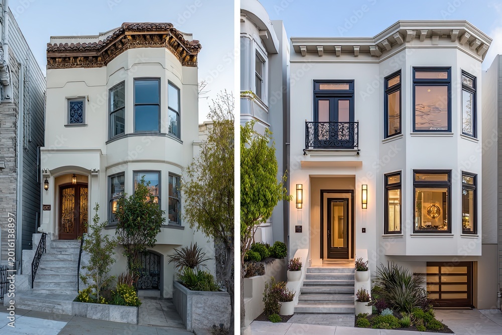 Fototapeta premium Facade Renovation Before and After: Outdated Victorian Home Transformed into Modern Elegance