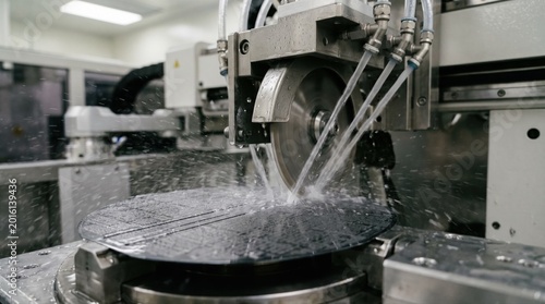 Medium shot of water spray dicing method where cool water jets assist in cutting wafers capturing the interaction of water and blades to reduce heat and minimize damage during