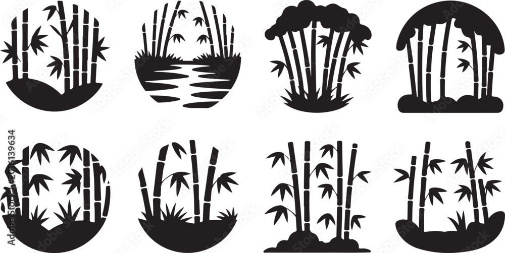 Naklejka premium Black silhouettes of various tropical bamboo forests and palm trees landscape elements