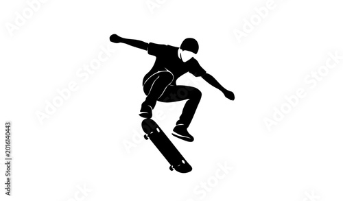Photos skateboarder performing an ollie jump trick silhouette in urban sports style