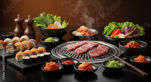 An exquisite Korean BBQ spread with sizzling grilled meats, fresh vegetables, savory side dishes, and artfully prepared sushi, creating a diverse and delightful meal