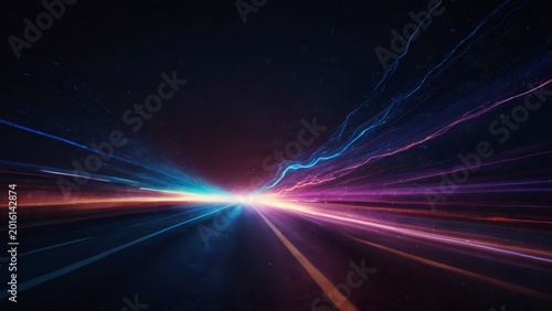 Abstract light trails creating high-speed motion on road