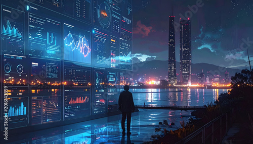 A person looks at data visualizations with a cityscape backdrop at night
