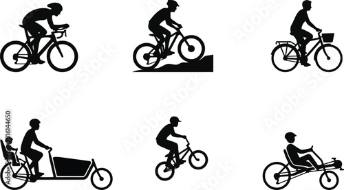 Variety of cyclists riding different bike types
