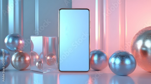 Smartphone mockup with pastel background and spheres.