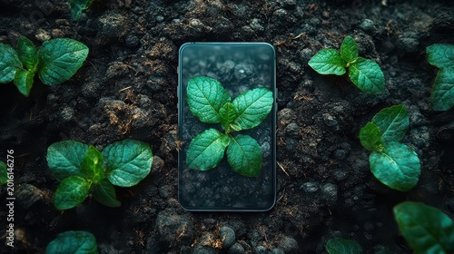Smartphone screen displays a seedling surrounded by young plants in rich soil.