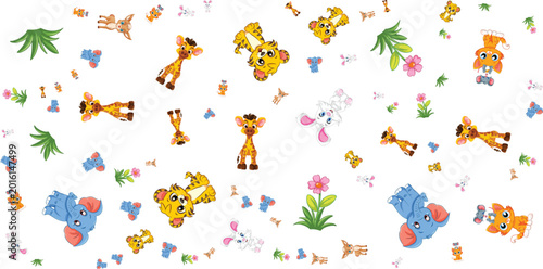 Canvas Print Animal pattern with giraffes tigers elephants and butterflies on white