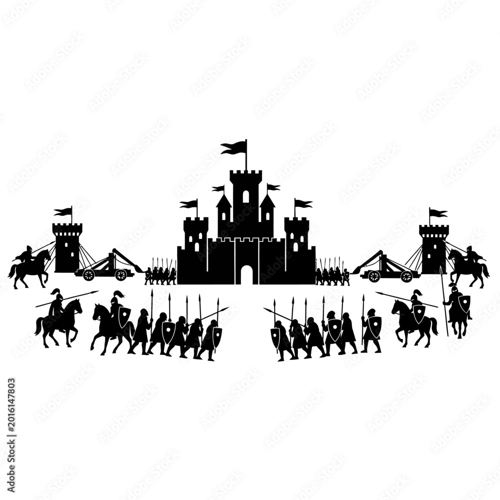 Fototapeta premium Silhouette of Medieval Castle Siege with Soldiers and Catapults.