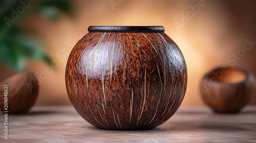 Spherical coconut shell bowl on wooden surface.