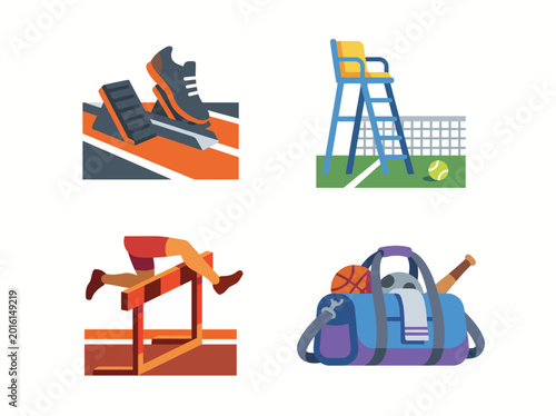 Photography An energetic illustration featuring various sports equipment including shoes, a referee chair, hurdles, and a sports bag, representing athleticism and the spirit of competition
