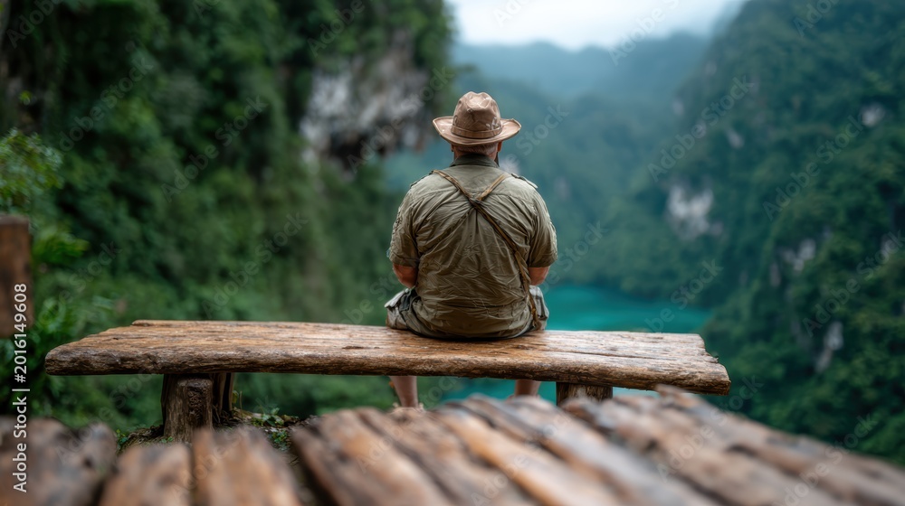 Fototapeta premium A solitary figure in a wide-brimmed hat sits on a wooden bench, taking in the breathtaking natural beauty of mountains and a serene body of water below.
