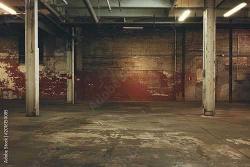 Large empty industrial building interior showing exposed brick walls, support pillars, and worn concrete floor