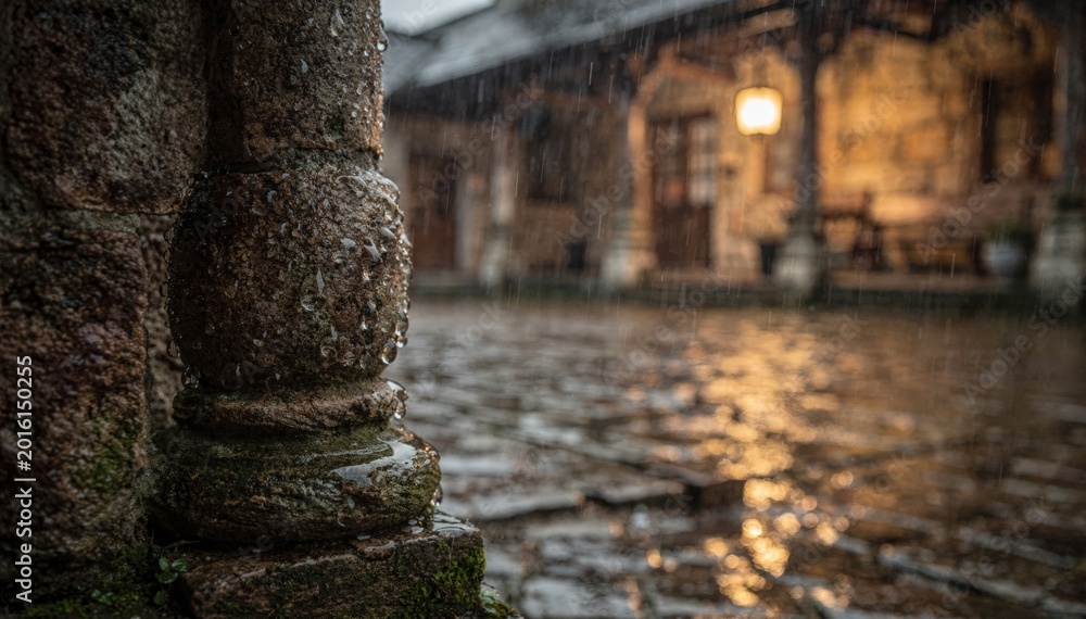 Fototapeta premium Rainsoaked heritage inn courtyard with a closeup of water droplets on rustic columns while softfocus lanterns cast a warm glow.