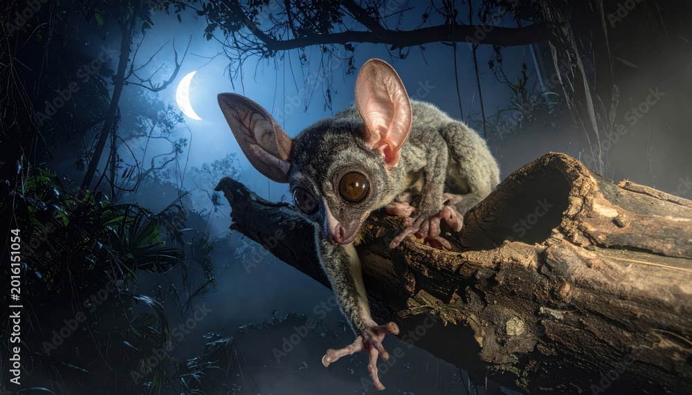 Fototapeta premium A rare nocturnal Ayeaye lemur with large ears and wide eyes perched on a hollow branch in the moonlit Madagascar jungle, highlighting unique wildlife features in a cinematic 16 to 9 composition.