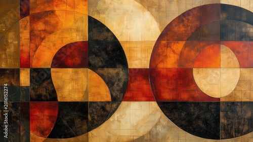 Abstract geometric pattern with textured circles and squares in warm earth tones