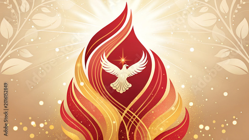Abstract Pentecost Illustration with Dove and Fiery Flame in Red and Gold