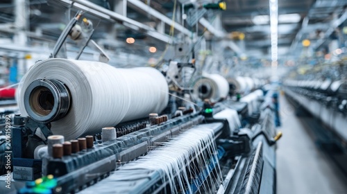 Industrial textile production process with spools and machinery close up