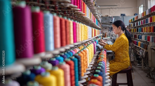 Woman arranging colorful thread spools in a textile production environment