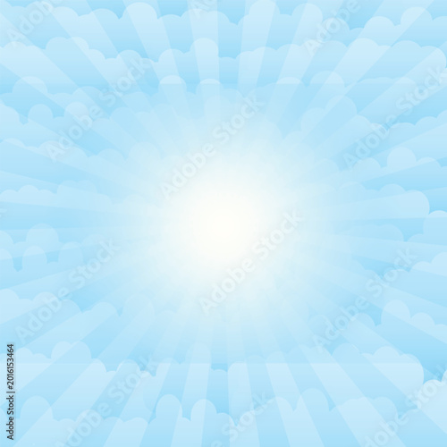 Bright sunburst through clouds. Sunshine background. White rays of sun against blue sky and clouds. Vector illustration.