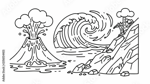 Volcano Eruption with Ocean Wave.