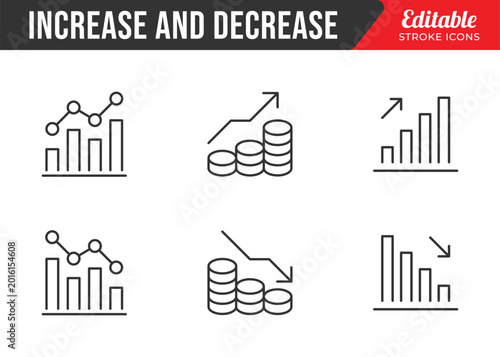 Increase and Decrease line Editable Icons set. Graph, Diagram, business growth, finance, economy, statistics, summary, profit, fall, arrow up, down,
and more. Simple vector icons. Editable Stroke.